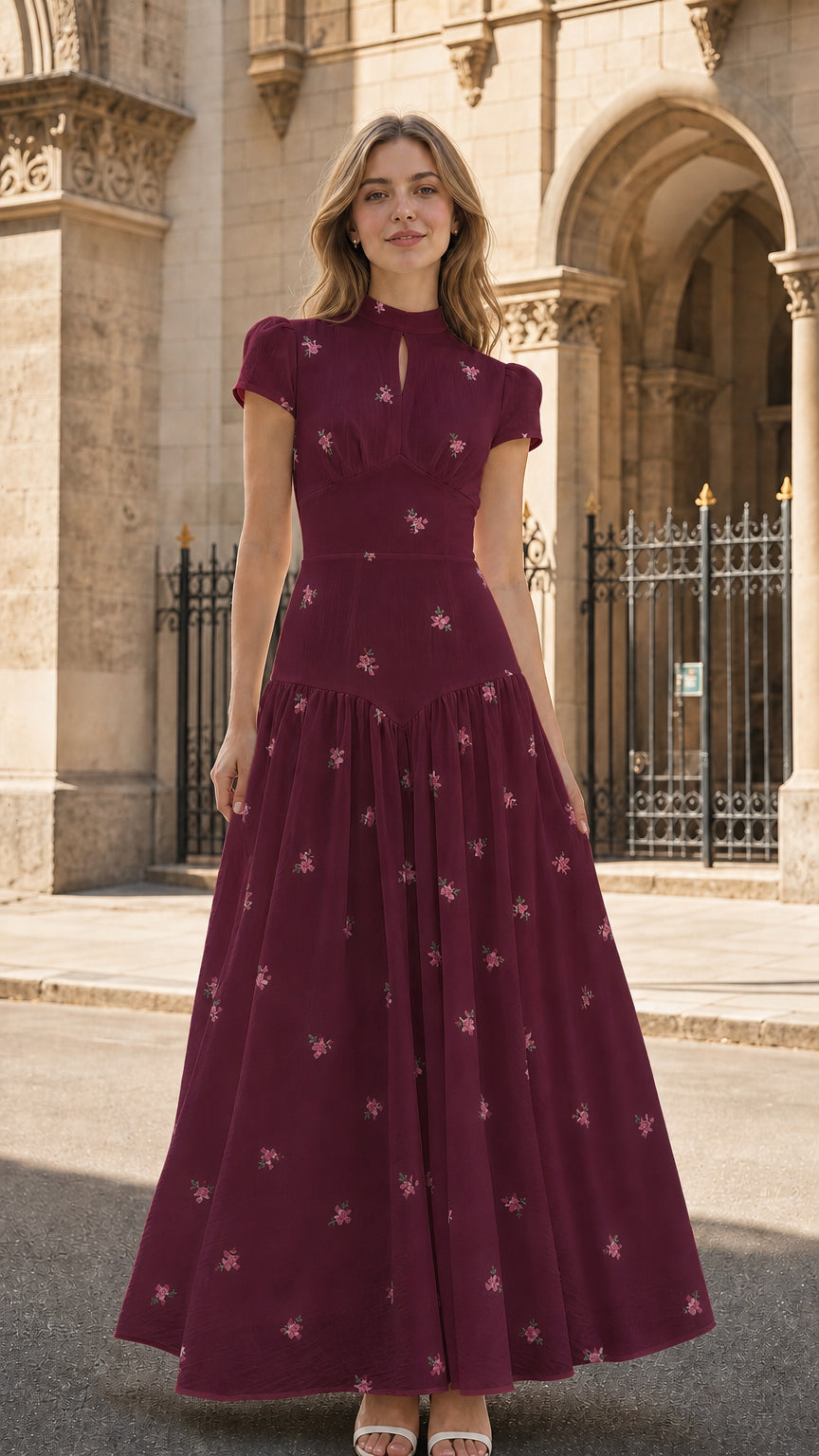 Front view of burgundy floral embroidered maxi dress