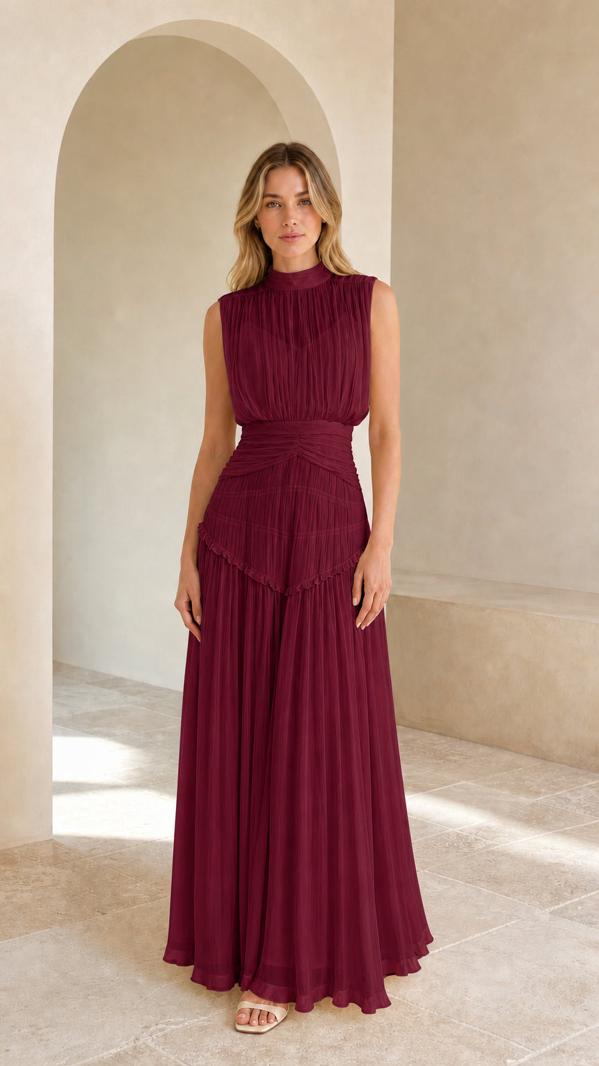 Model wearing burgundy wine red high-neck pleated chiffon maxi gown