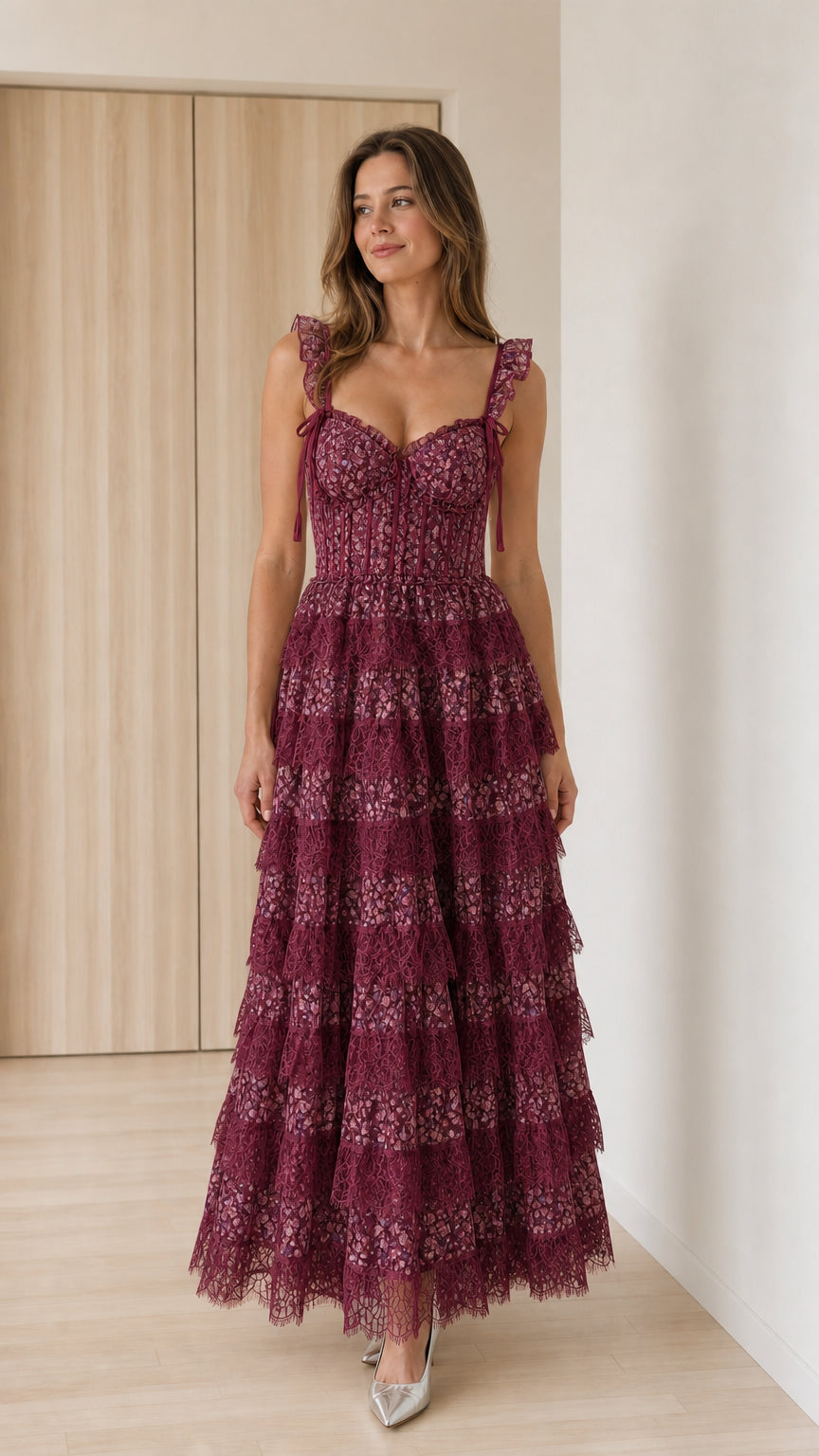 Front full view of burgundy floral lace tiered maxi dress