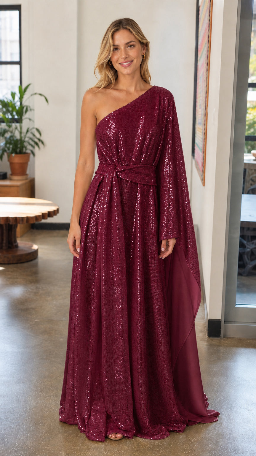 Front view of woman wearing burgundy one-shoulder sequin maxi dress