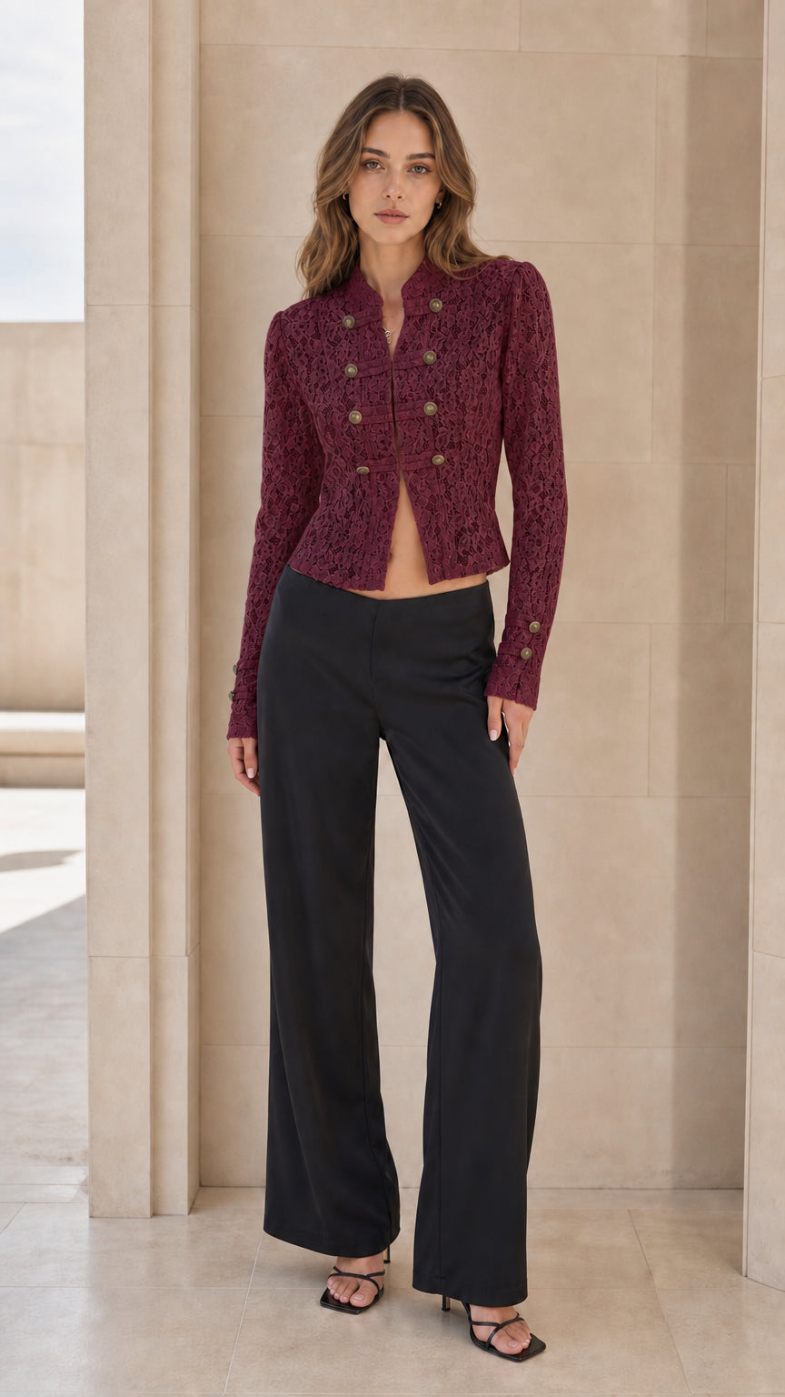 Front full view of woman wearing burgundy lace jacket
