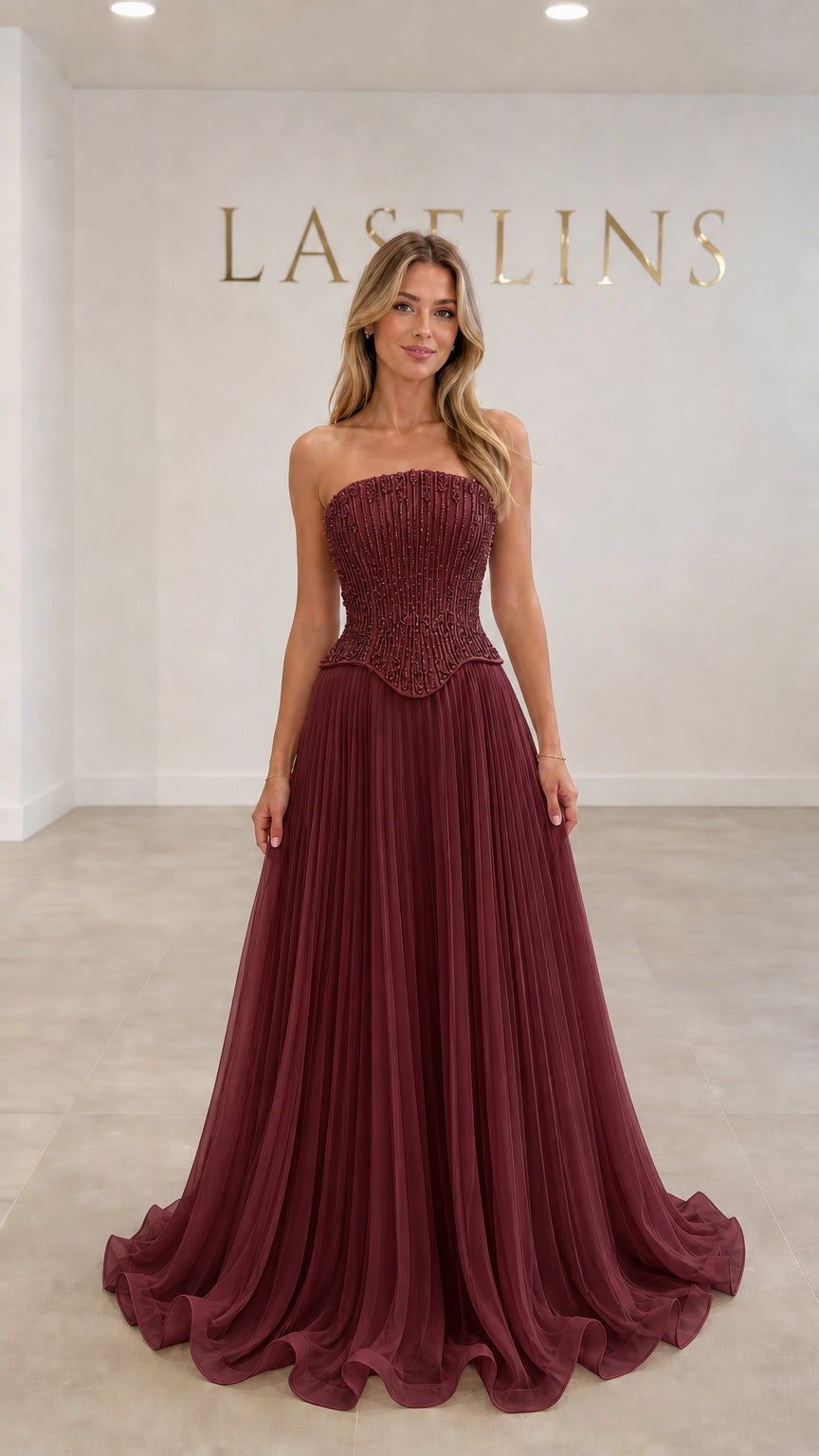 Burgundy strapless beaded corset pleated floor-length evening gown
