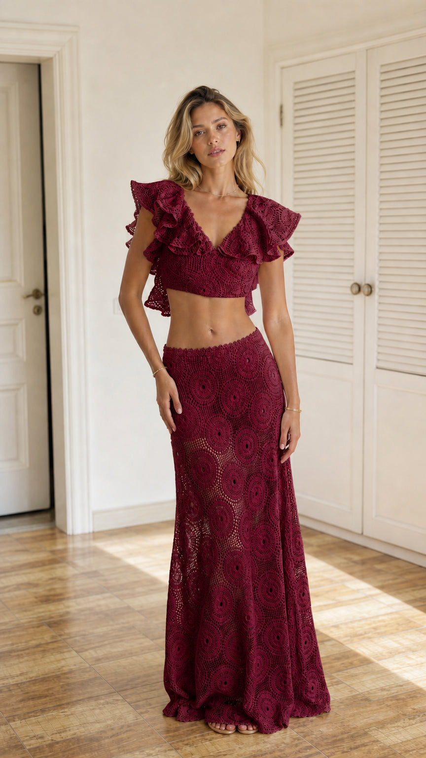 Front full view of burgundy crochet two-piece set