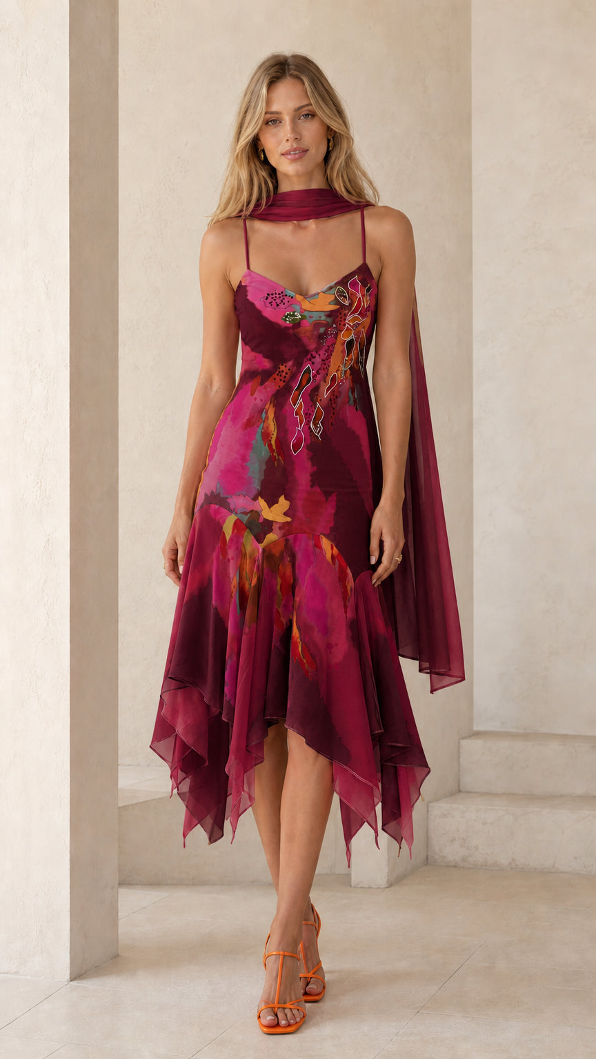 Front view of burgundy floral watercolor midi dress