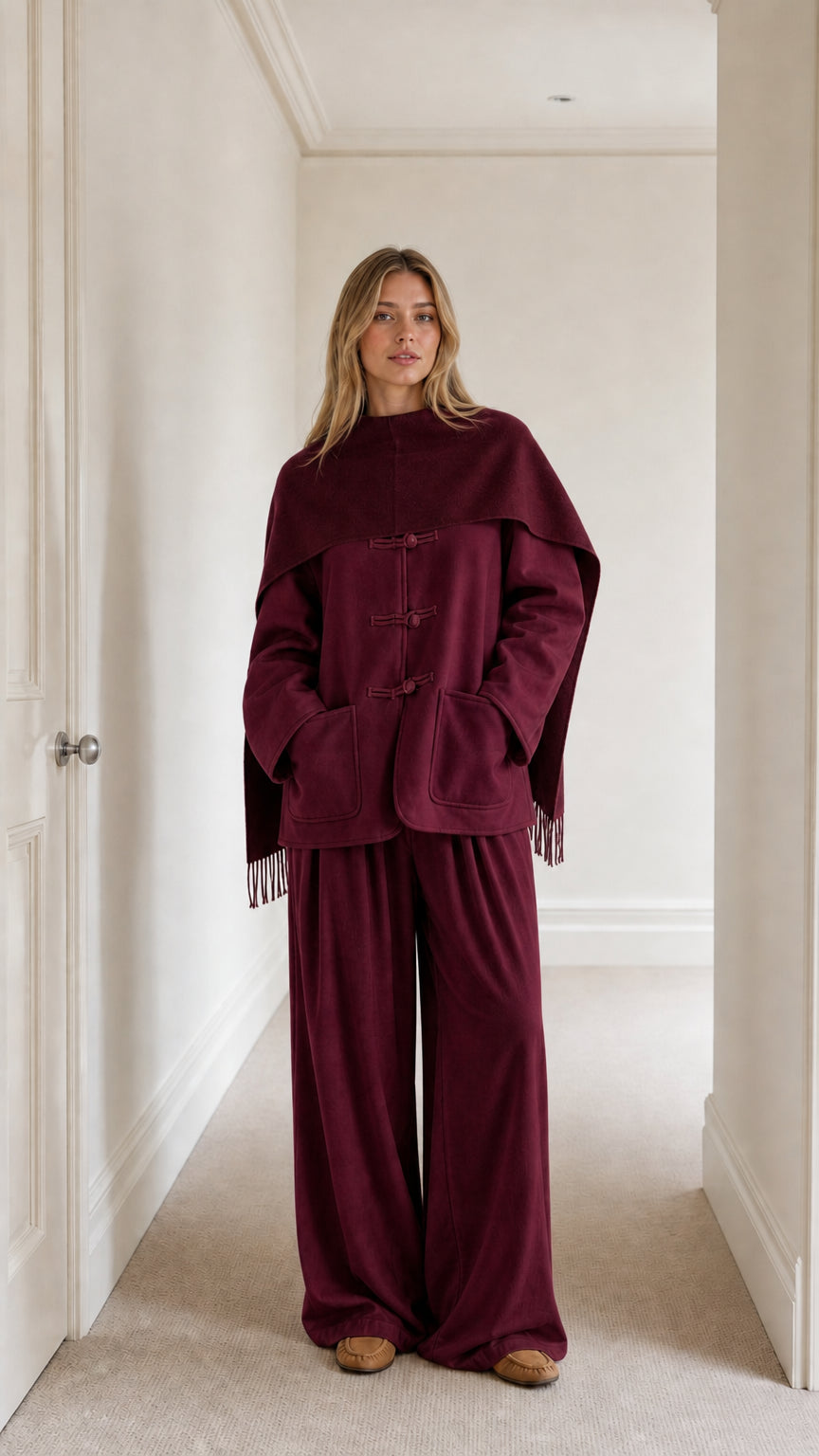 Model wearing burgundy wine monochrome toggle button jacket, matching cape, and wide-leg trousers