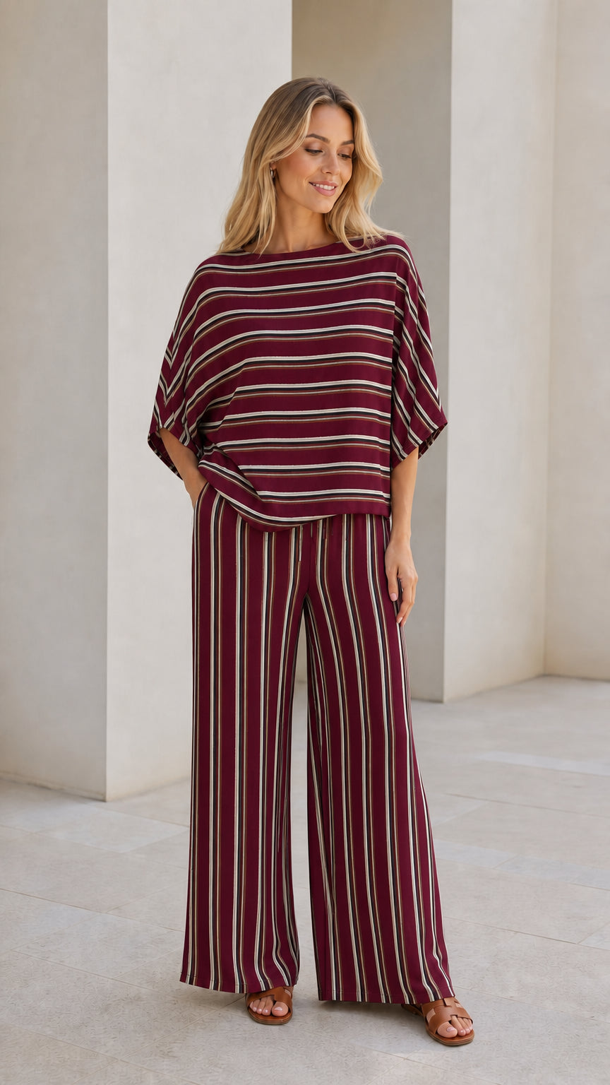 Model wearing burgundy striped top and wide leg pants set