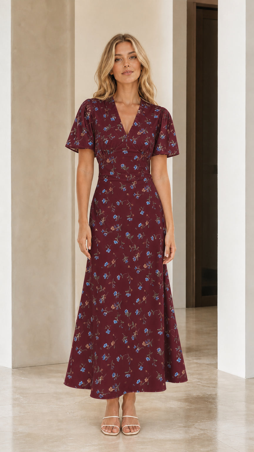 Front view of woman wearing burgundy floral print maxi dress