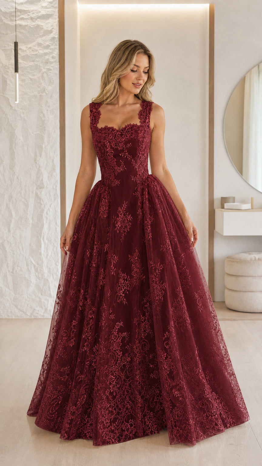 Front view of burgundy lace ball gown evening dress