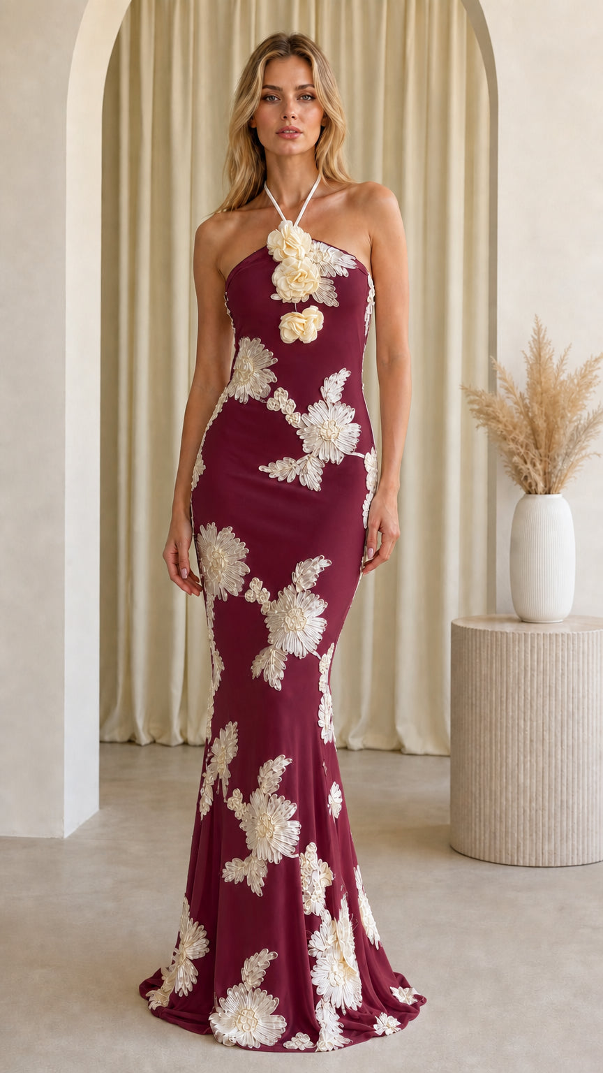 Front full-length view of Burgundy halterneck floral applique formal dress