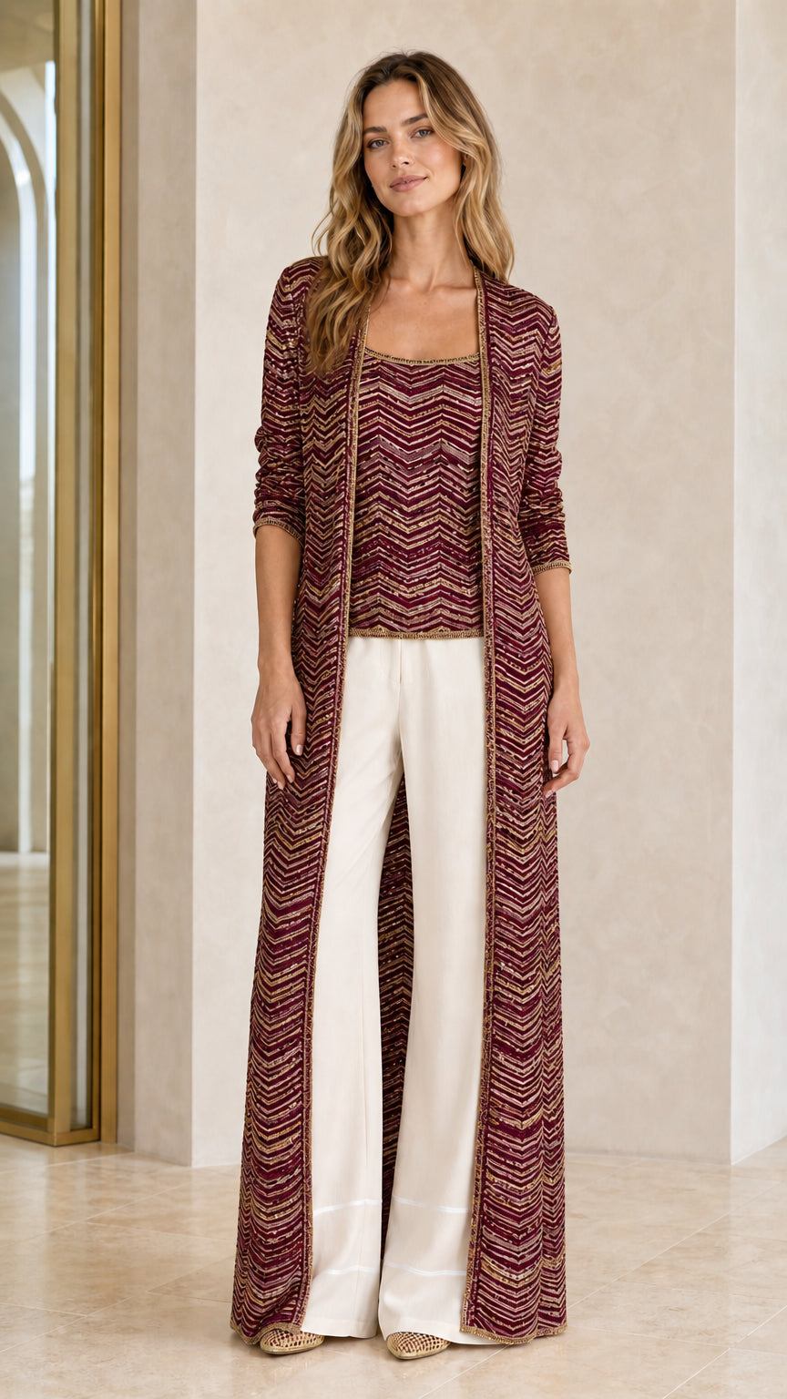 Metallic chevron knit long duster cardigan and tank set in burgundy