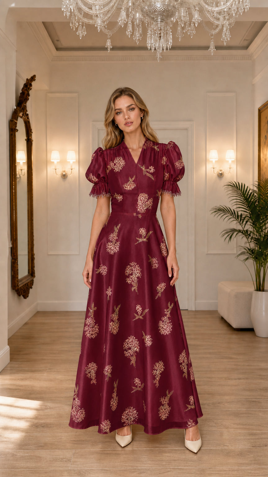 Model wearing burgundy floral embroidered maxi dress