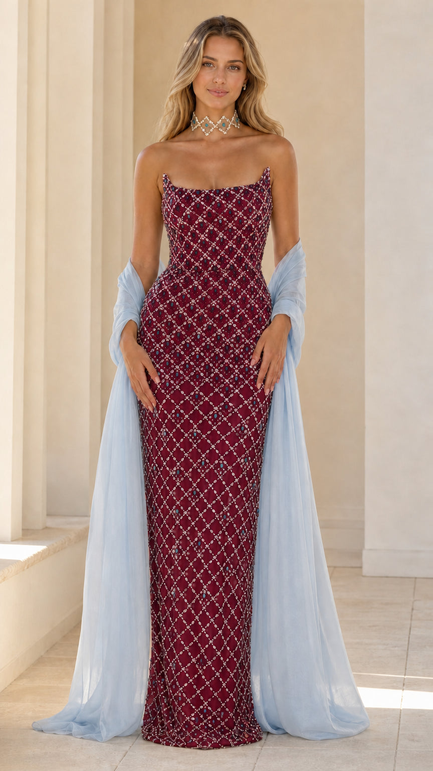 Front view of burgundy crystal embellished evening gown