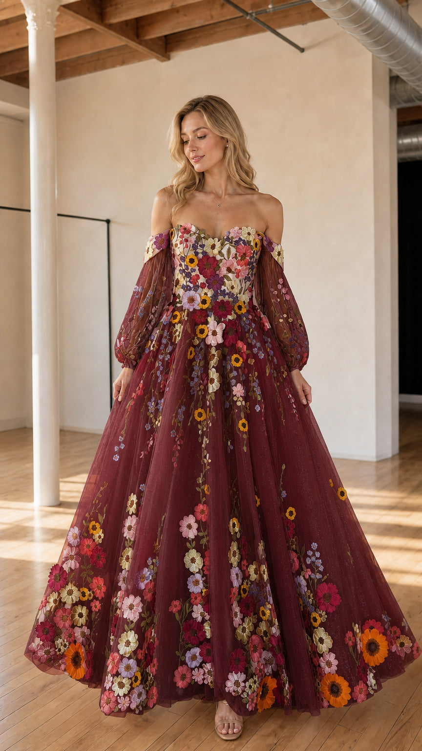Burgundy wine red off-the-shoulder floral embroidered tulle maxi gown