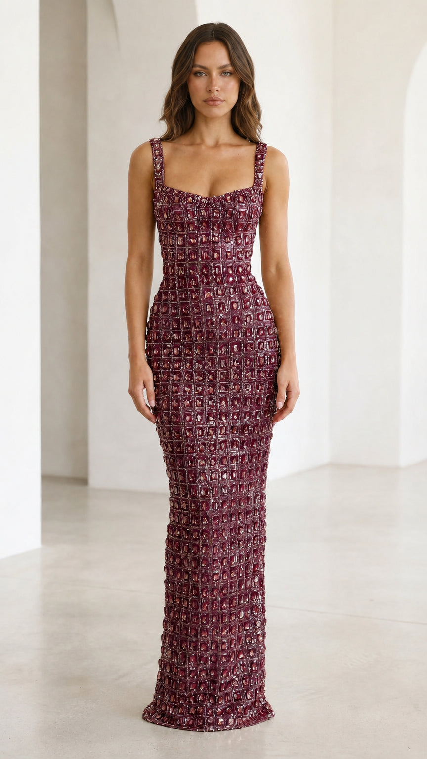 Front view of burgundy crystal embellished evening dress