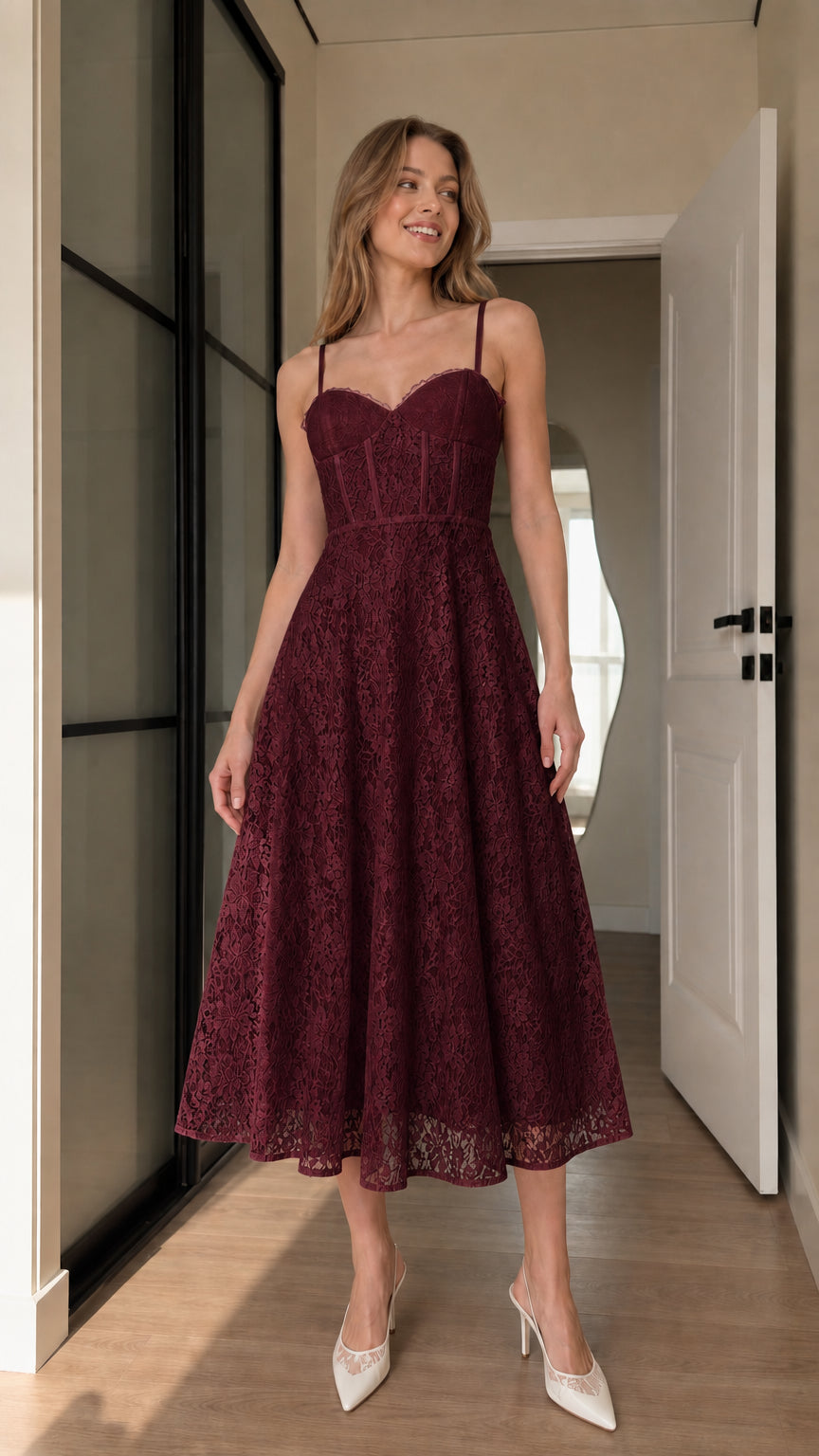 Model wearing burgundy wine floral lace corset midi dress