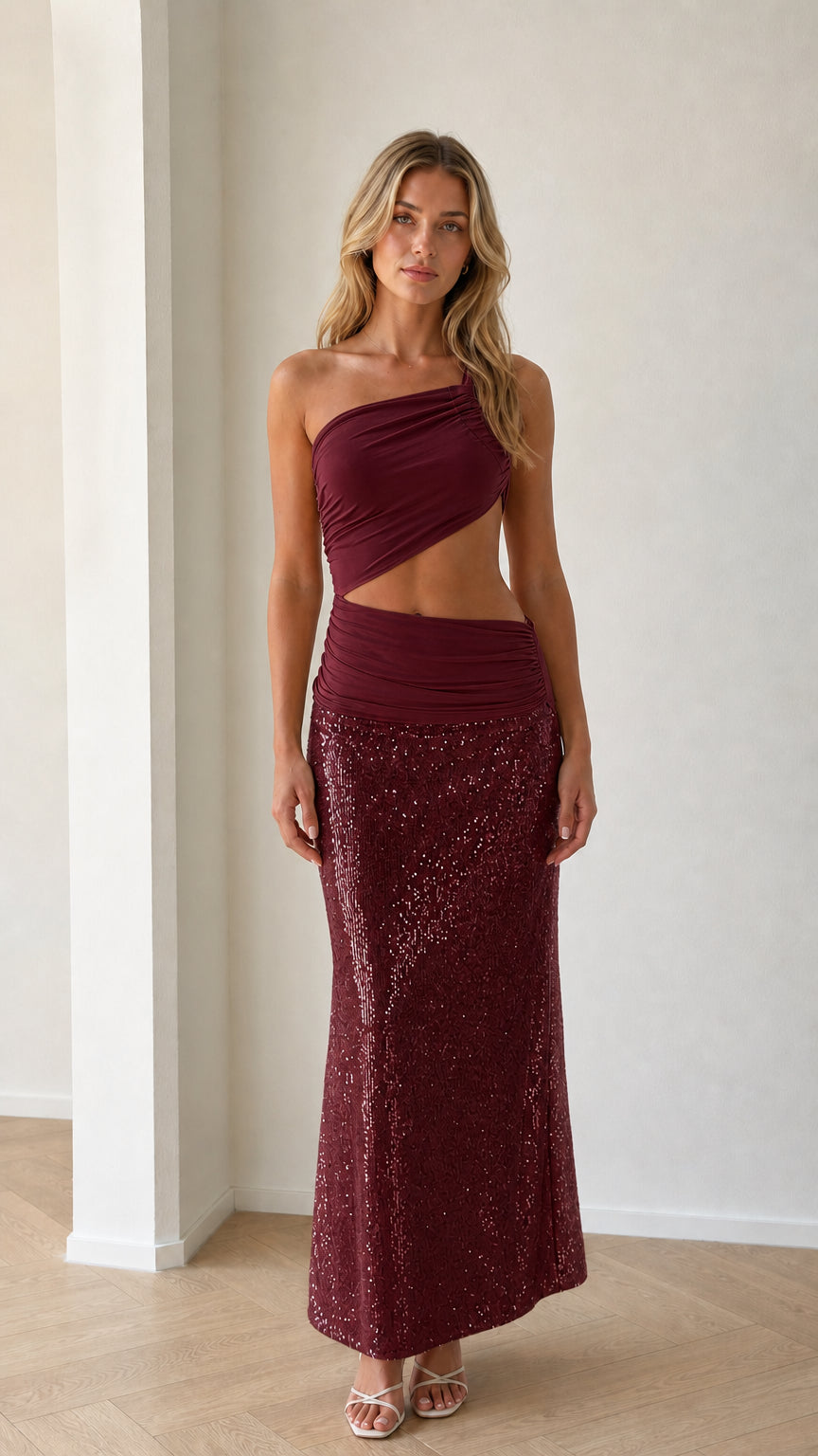 Front view of burgundy one-shoulder cutout sequin two-piece maxi dress set