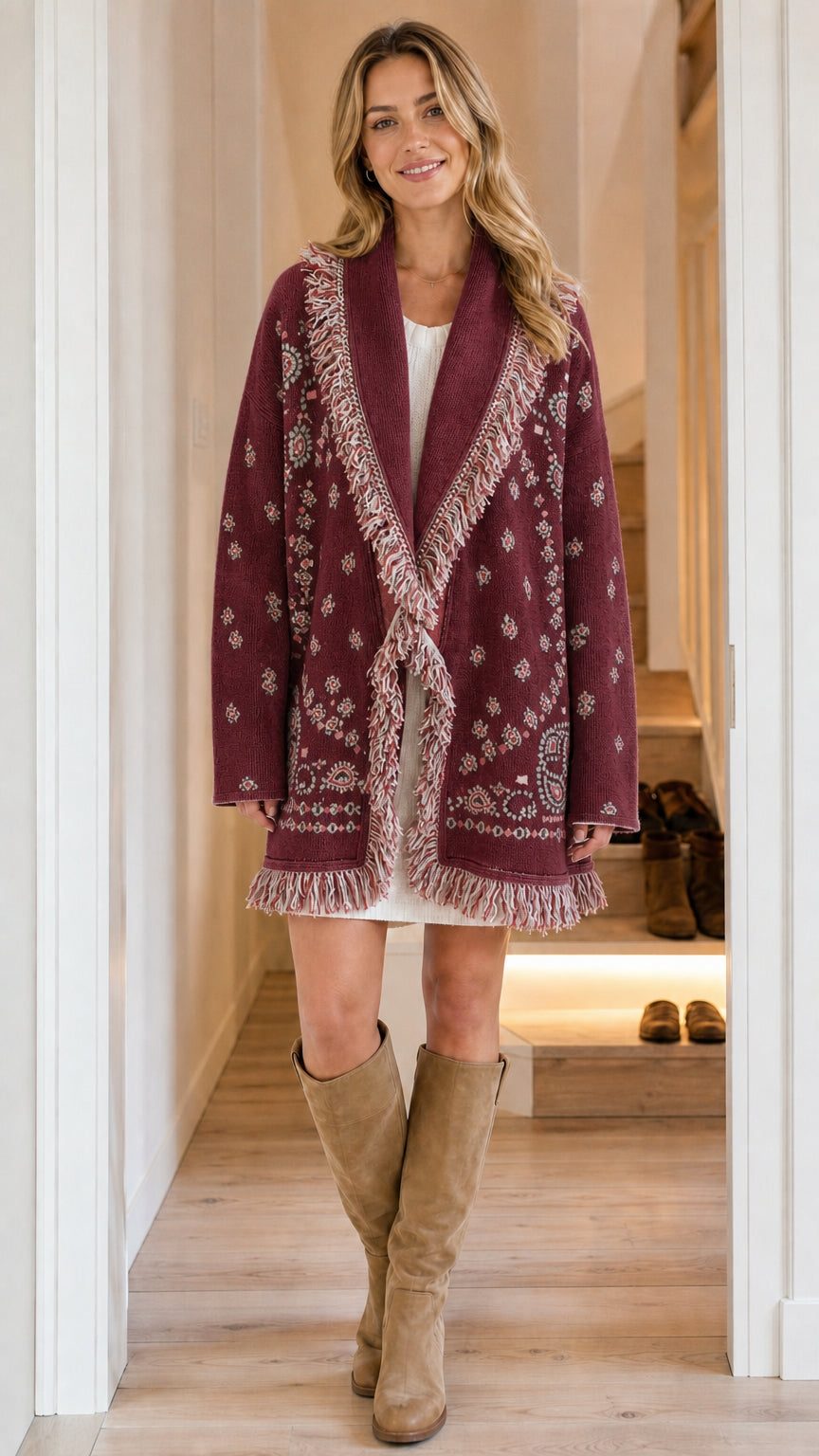 Woman wearing burgundy wine red jacquard fringe cardigan coat