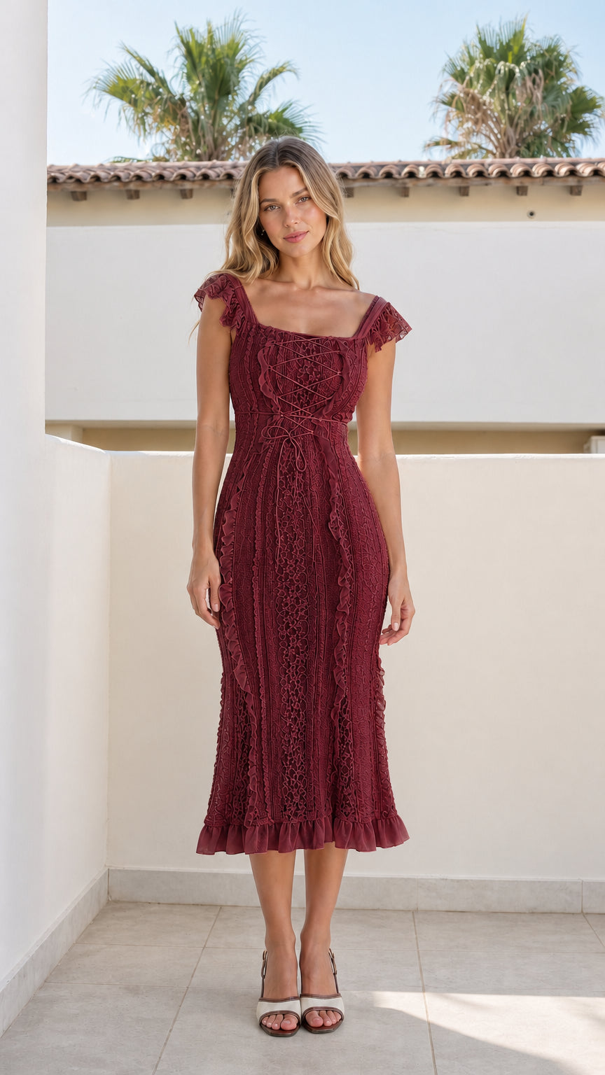 Front view of burgundy color variant on model