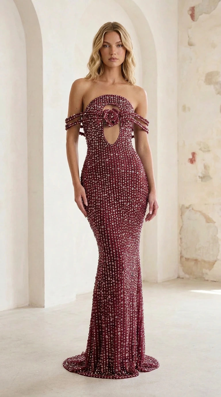 Burgundy wine red embellished off-the-shoulder maxi dress front view
