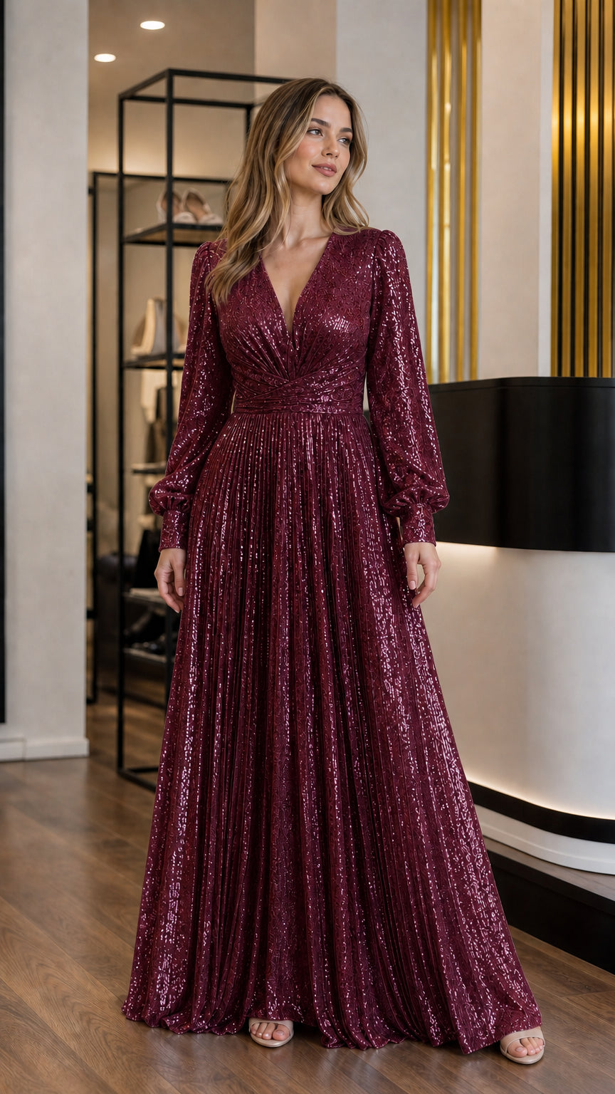Burgundy red pleated sequin long sleeve floor-length formal dress