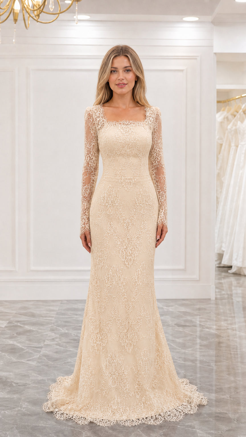 Front view of champagne cream long sleeve lace formal gown