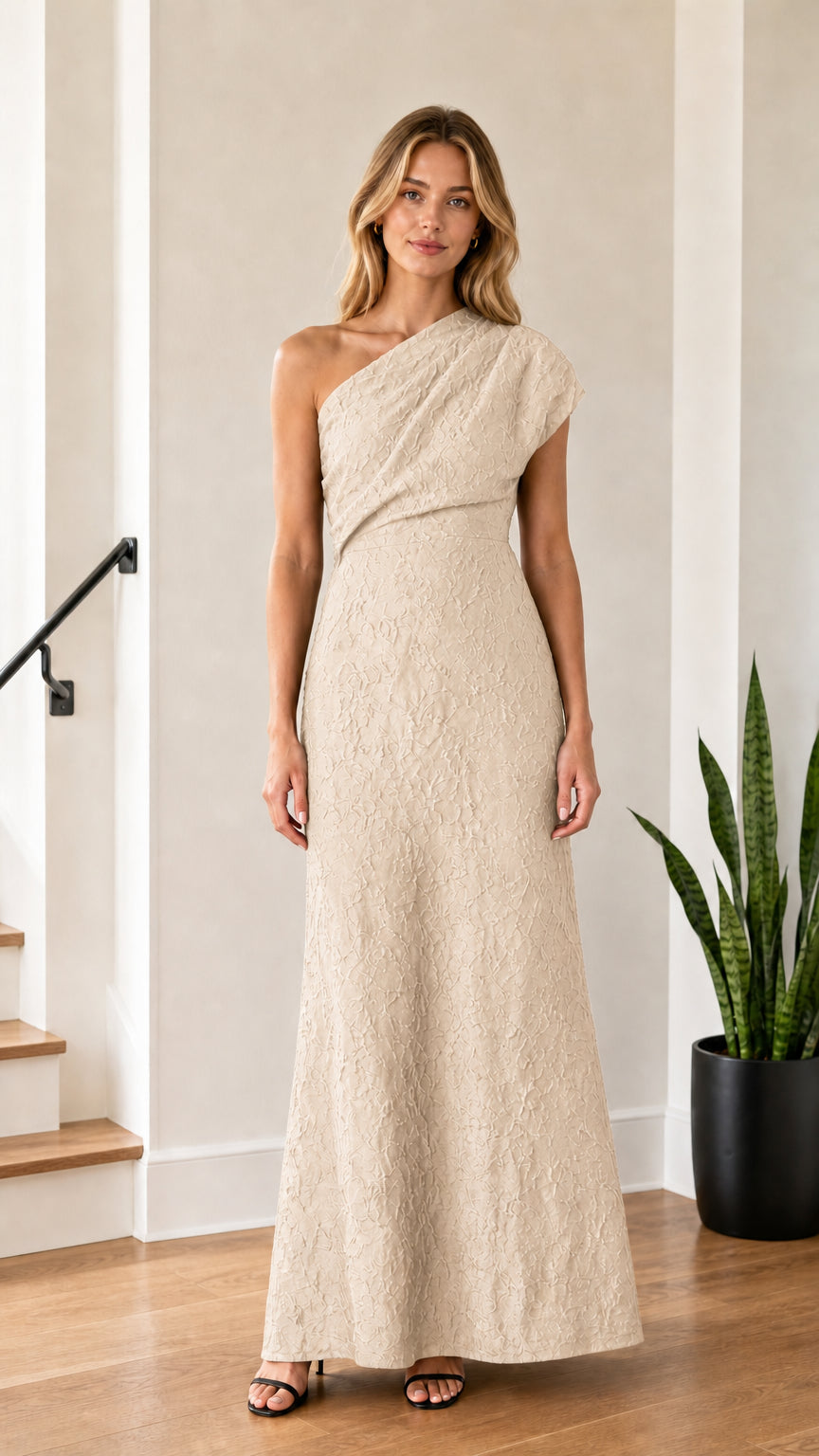 Model wearing Champagne one-shoulder maxi dress
