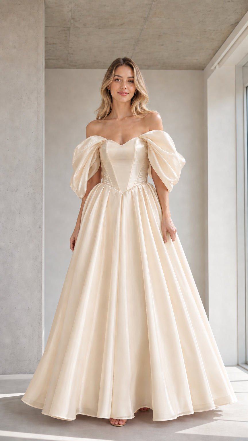 Front view of model wearing the champagne color variant