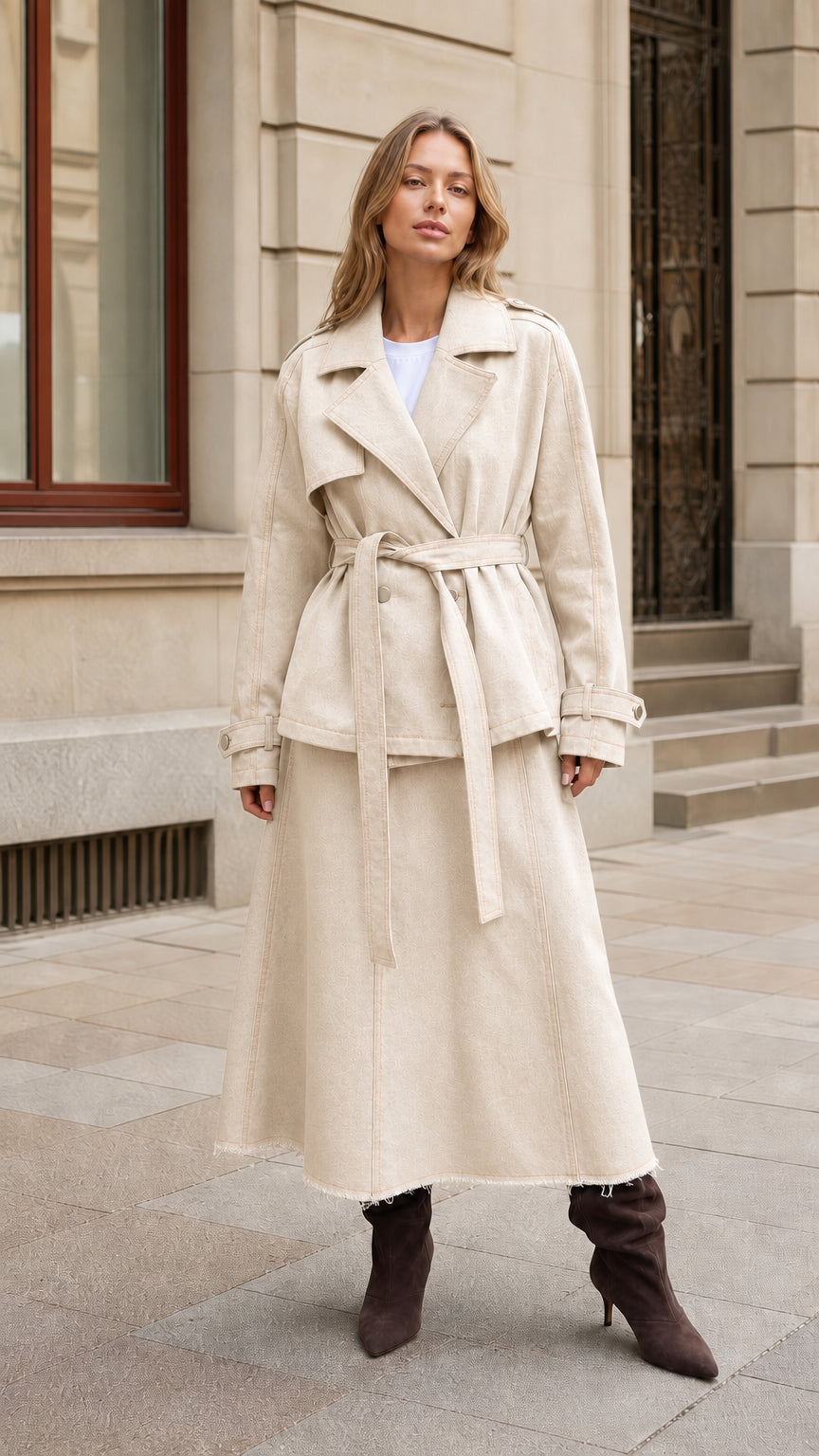 Woman wearing Cream beige belted trench jacket and matching maxi skirt set