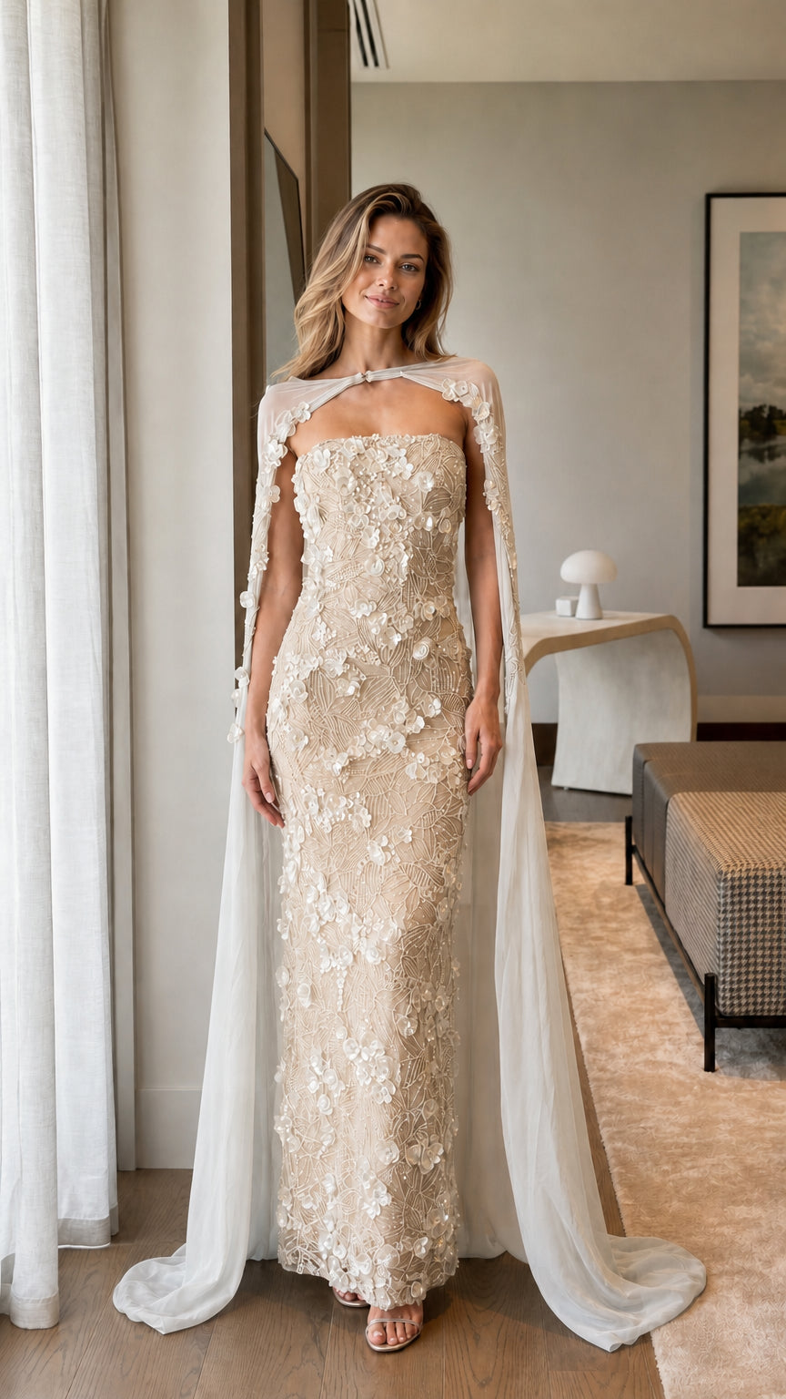 Champagne gold strapless floor-length evening gown with beaded applique cape