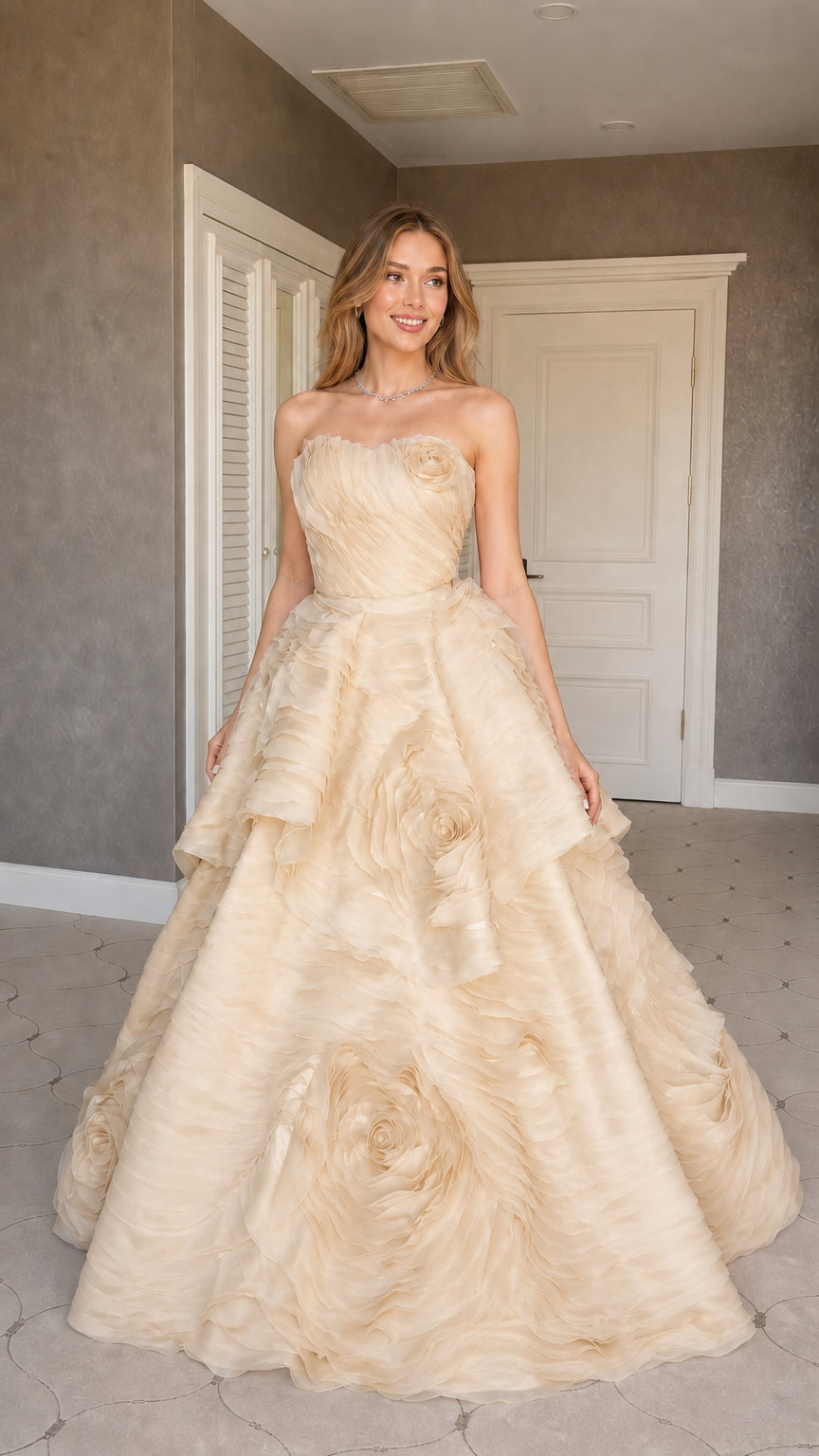 Front view of champagne color variant ball gown dress