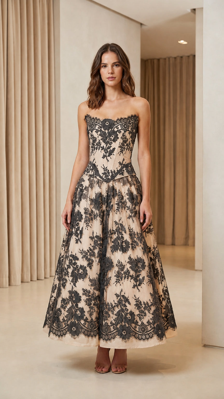 Model wearing champagne color variant of lace corset midi dress