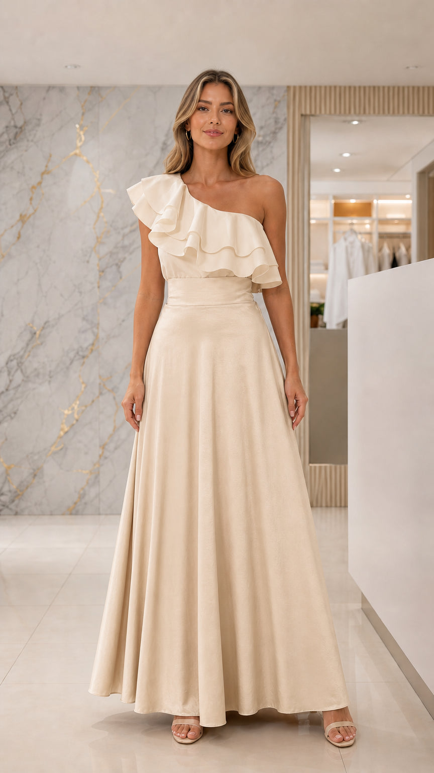 Full-length front view of champagne satin evening dress