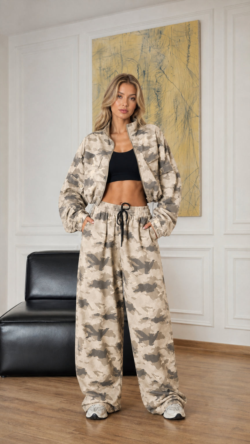 Model wearing sand beige camouflage cropped jacket and wide-leg pants set