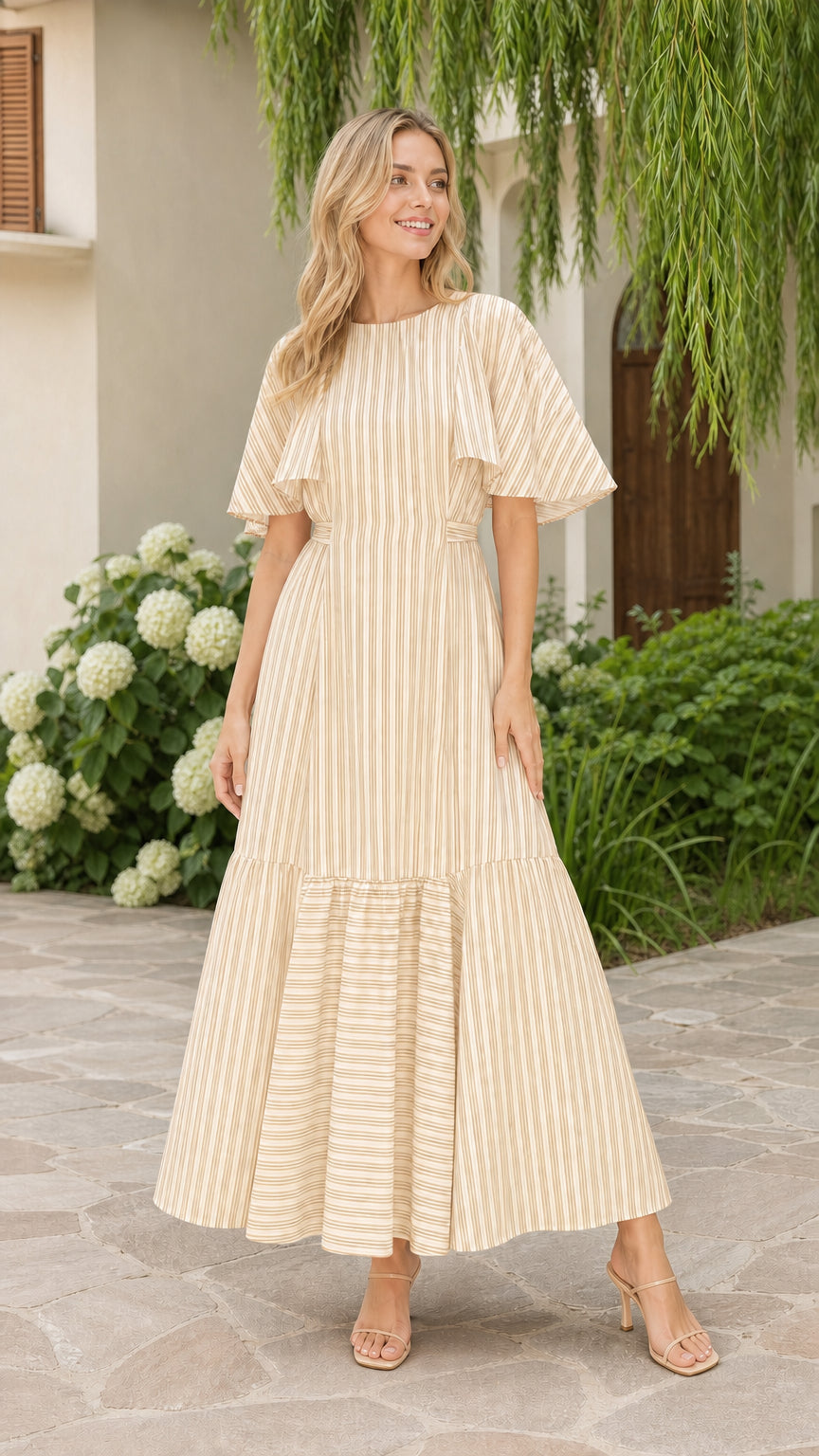 Front view of model wearing beige striped flutter sleeve tiered maxi dress