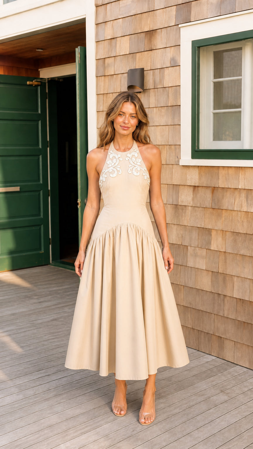Champagne beige halter neck embroidered evening midi dress