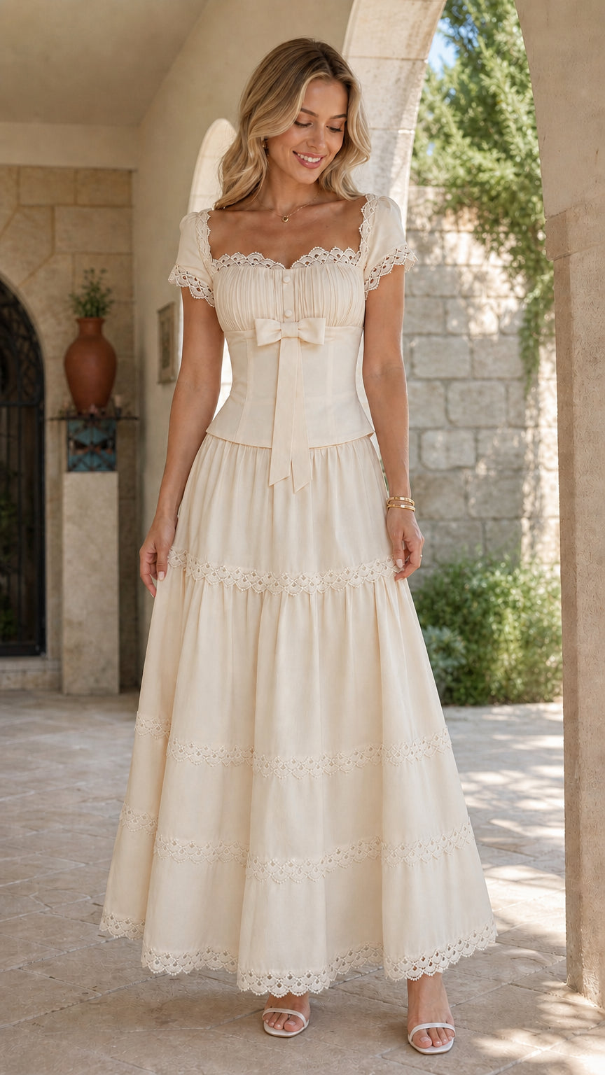 Model wearing cream ivory tiered lace-trim maxi dress in outdoor courtyard setting