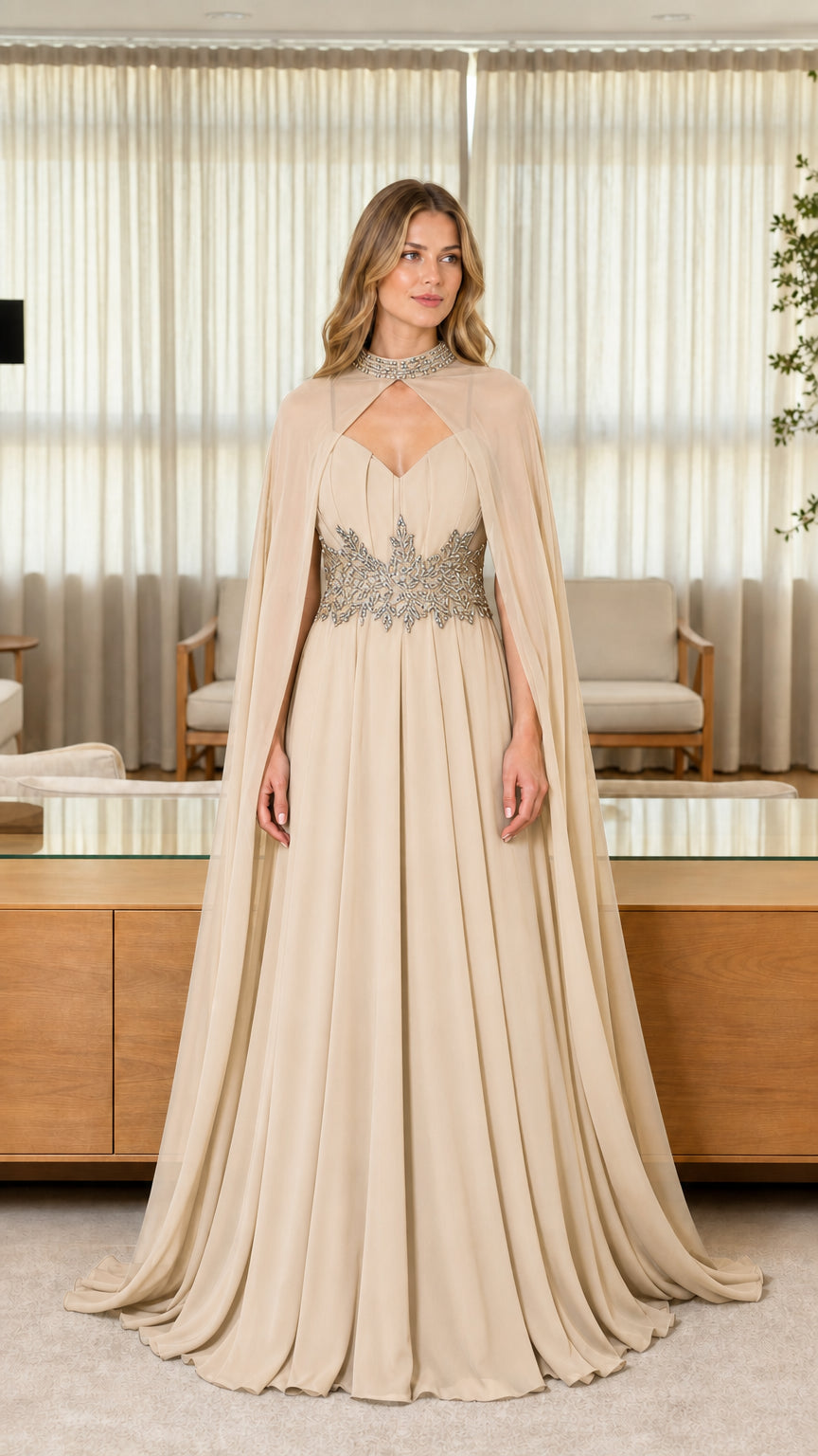 Front view of champagne evening dress with cape
