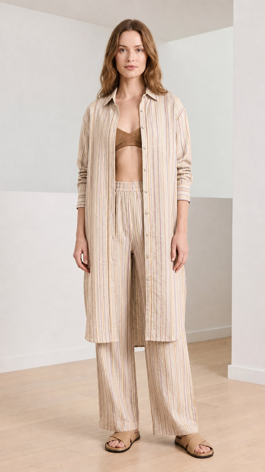 Woman wearing beige striped coordinate set