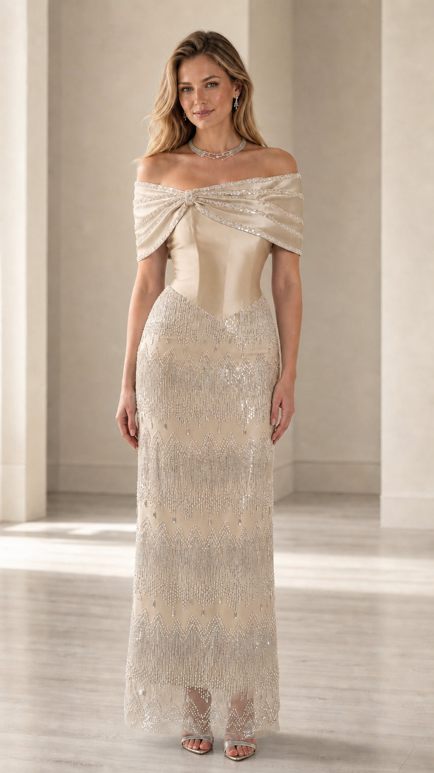 Front view of champagne gold off-the-shoulder beaded evening gown