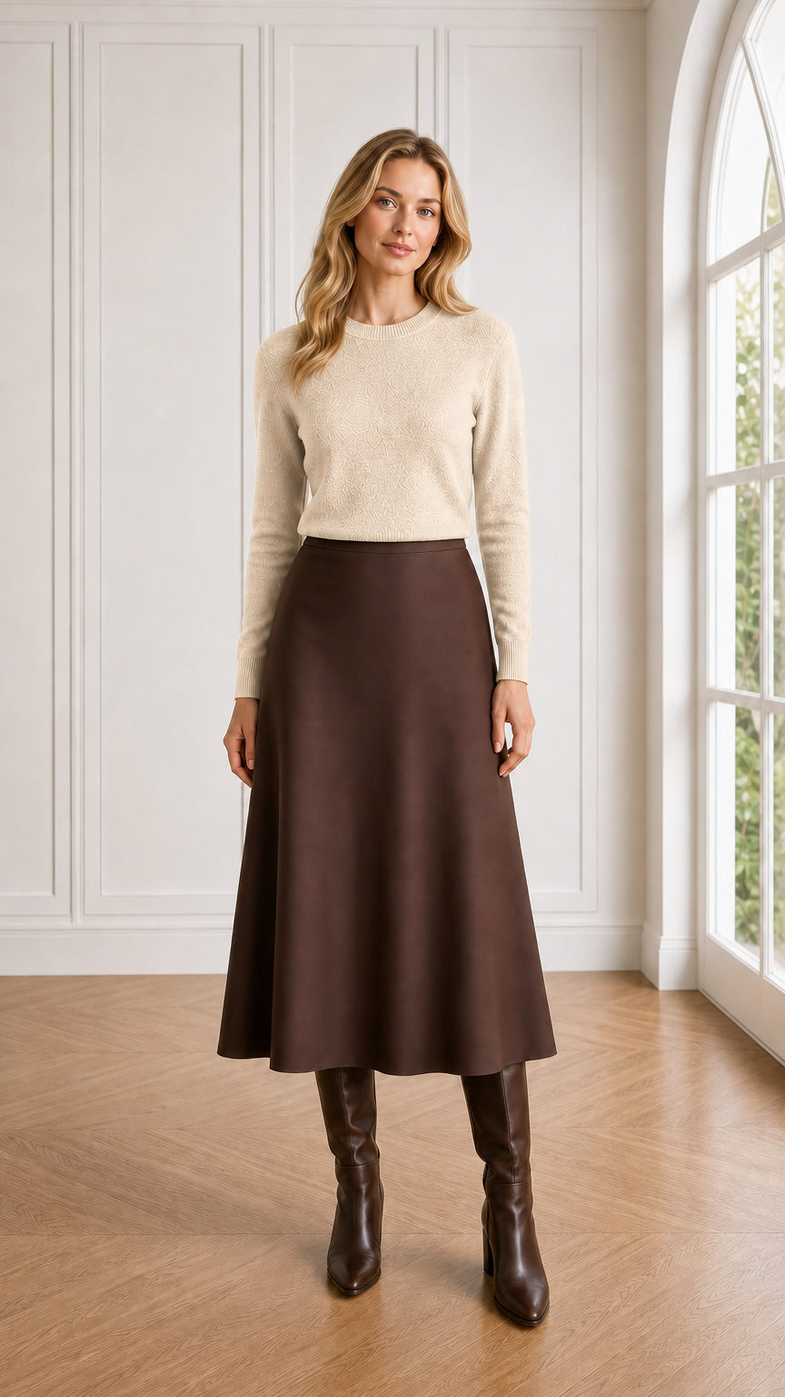 Model wearing cream ivory textured knit sweater with brown skirt