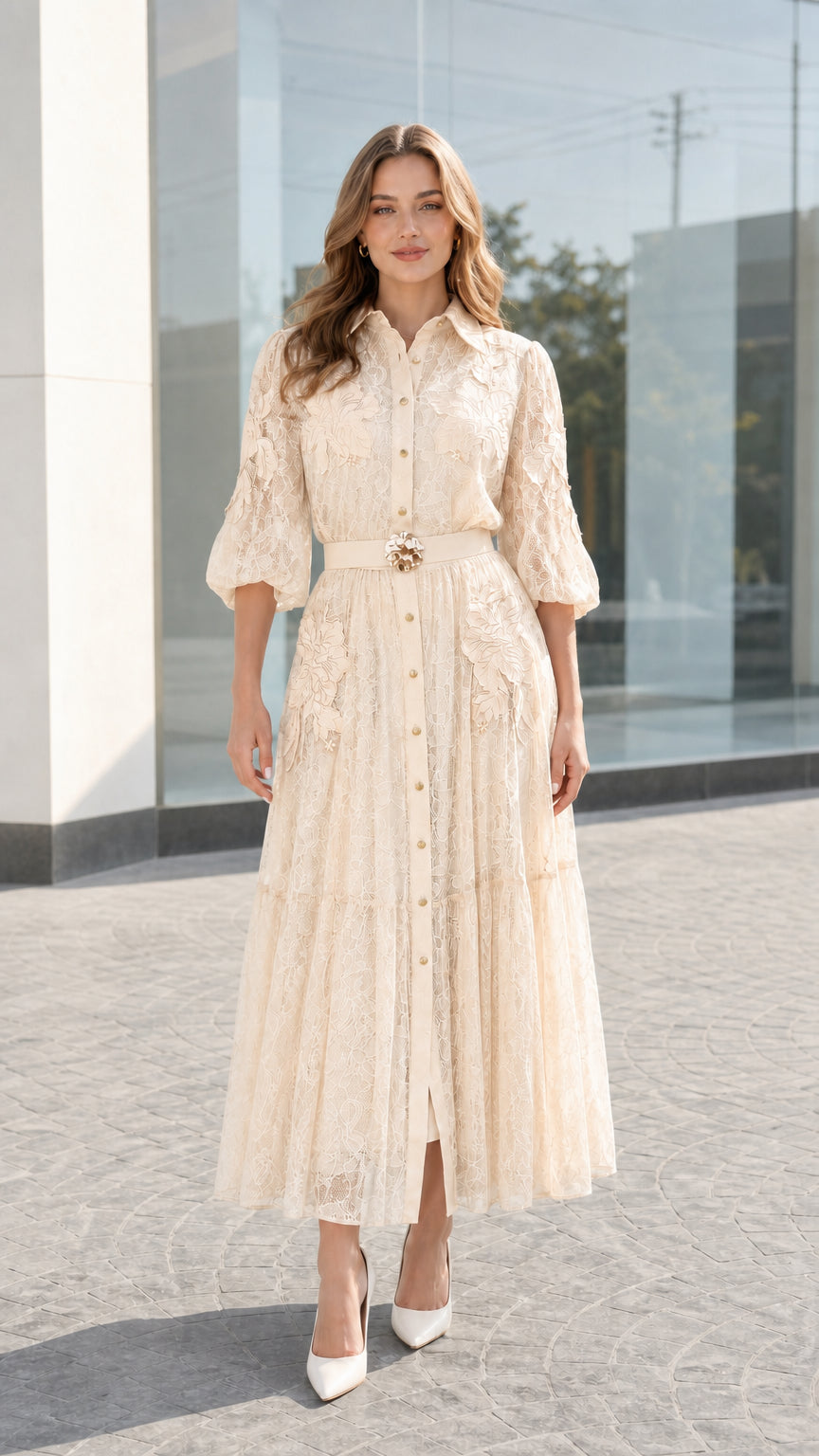 Front view of cream beige floral lace button-front midi dress styled with heels
