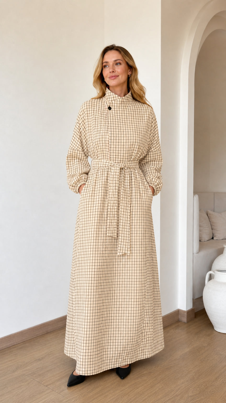 Front view of woman wearing Warm Beige grid check long sleeve maxi dress