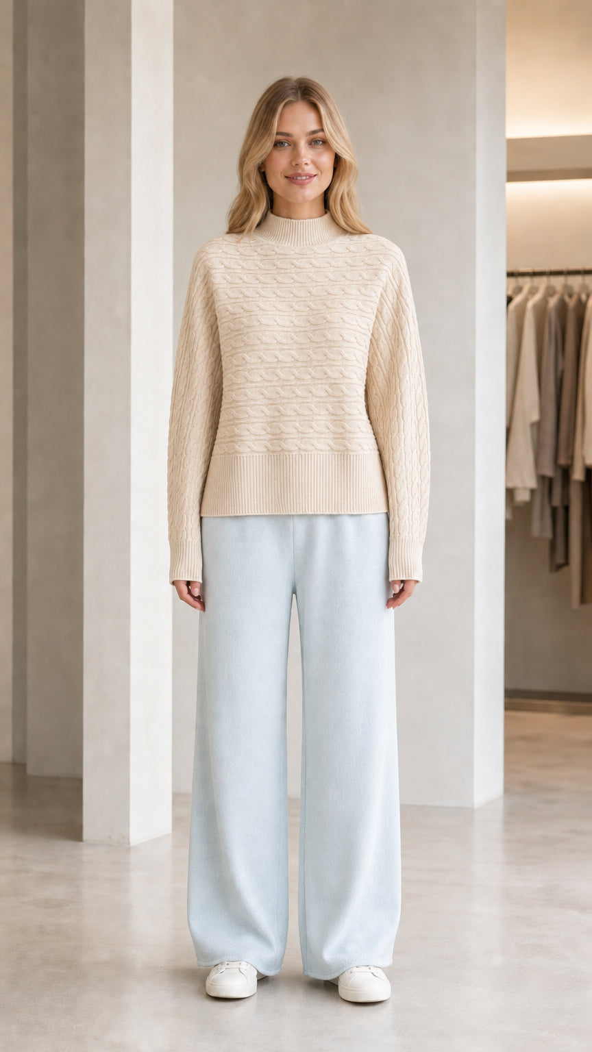 Model wearing cream beige mock neck cable knit sweater with light blue pants