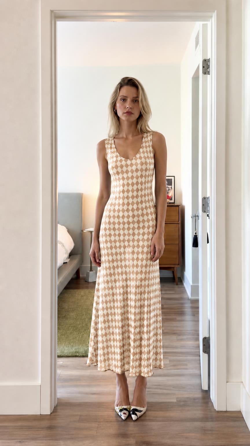 Front view of model wearing beige argyle dress
