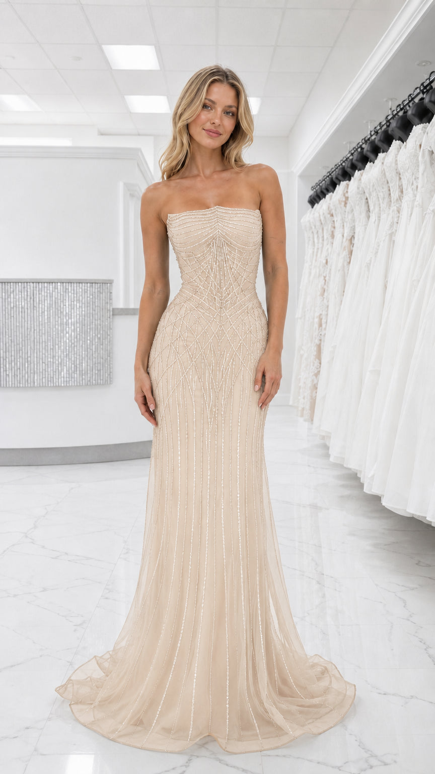 Front view of champagne beige beaded strapless evening dress