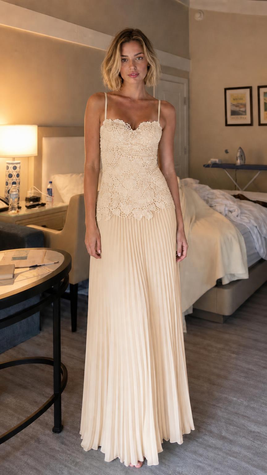 Front view of model wearing champagne lace pleated maxi dress