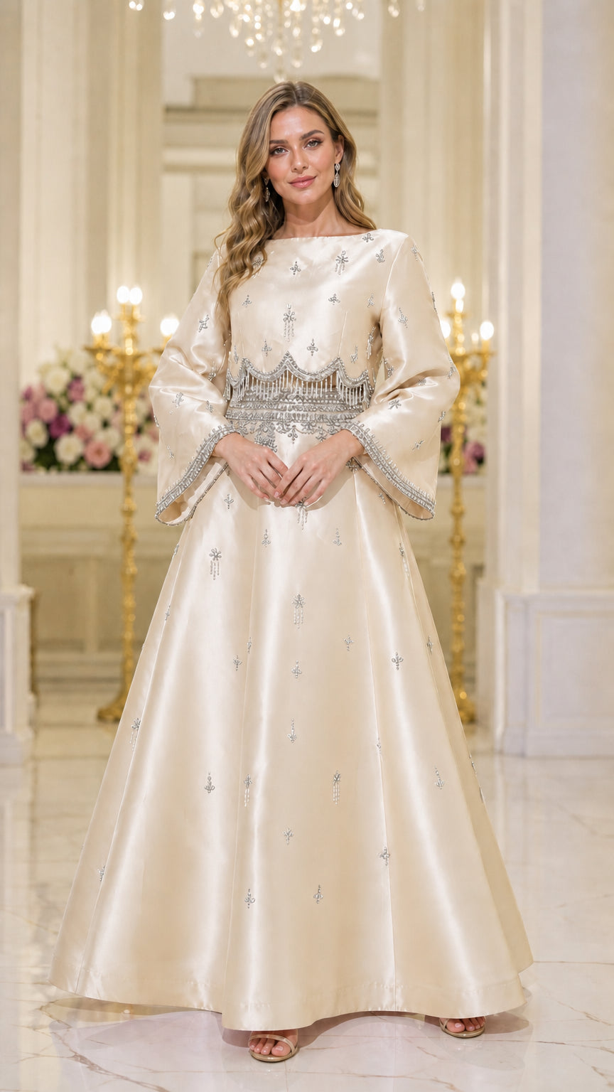Front view of model wearing champagne beaded maxi dress