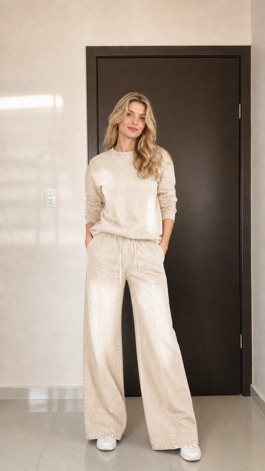 Model wearing the Sand Beige matching long-sleeve top and wide-leg pants set