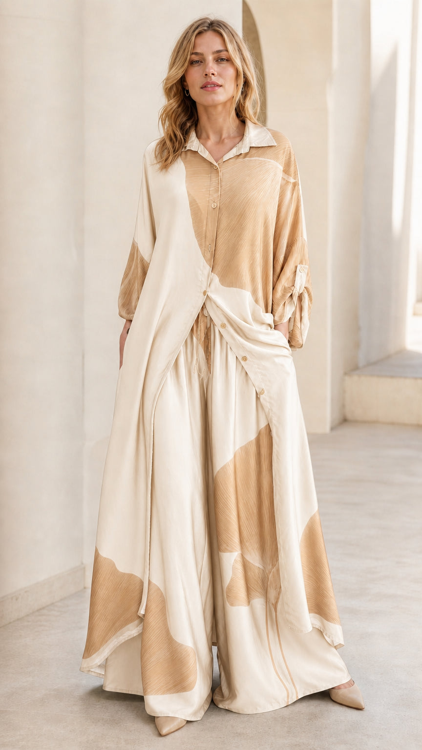 Front view of white and beige color block two-piece set