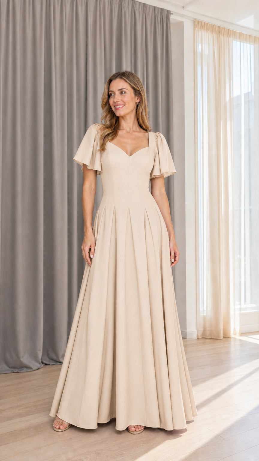 Front view of model wearing champagne formal maxi dress